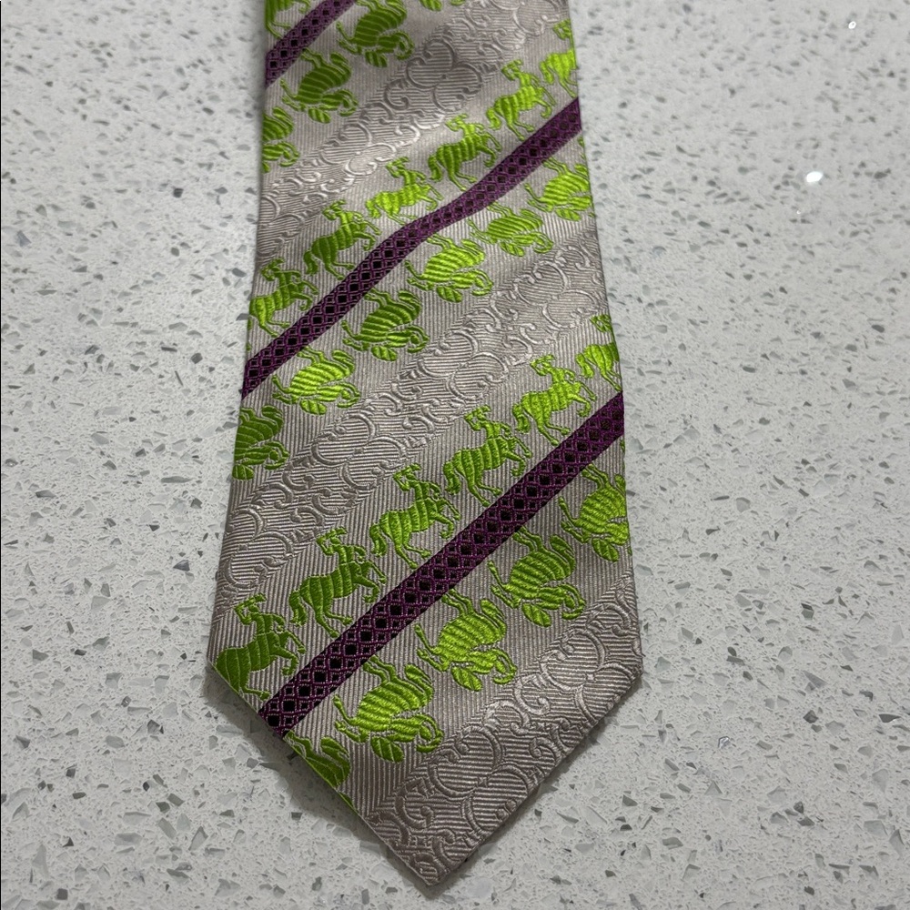 Gianni Versace Jacquard Gray Green Horses Polo Player Silk Men's Tie Italy